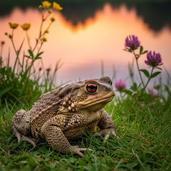 Obraz premium AI-Generated image of a realistic toad resting on green grass near a calm lake at sunset.