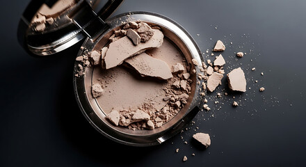 Broken beige face powder in compact close-up view