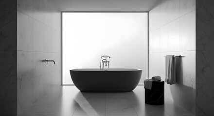 A minimalist bathroom with a modern bathtub, surrounded by marble tiles and natural light