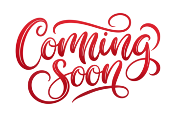 Coming soon message in red color isolated on transparent background, handwritten lettering for announcement, promotion, and marketing purposes