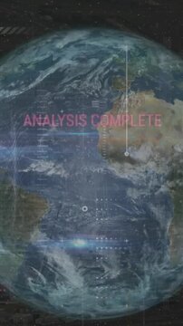 Animation of computer language, graphs, texts and lens flare against rotating globe