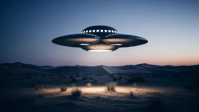Alien ufo with bright lights flying over desert at dusk. Unidentified spaceship hovering at night with horizon and starry sky.
