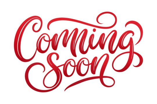Coming soon message in red color isolated on transparent background, handwritten lettering for announcement, promotion, and marketing purposes
