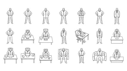 Top View People Silhouettes | Executives Standing and Sitting, Worker CAD Line Vector Illustration