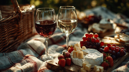 Enjoying a relaxing afternoon with wine, cheese, and fresh fruits outdoors