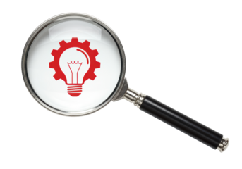 Isolated Red Cogwheel Light Bulb Design Idea Symbol with a Magnifying Glass Over It