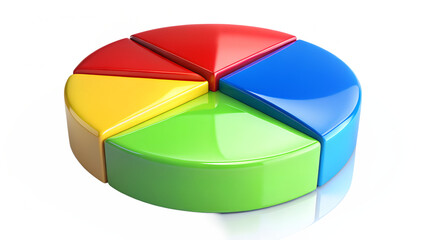 Colorful pie chart with five segments isolated on transparent background, representing data analysis, market share, and business statistics