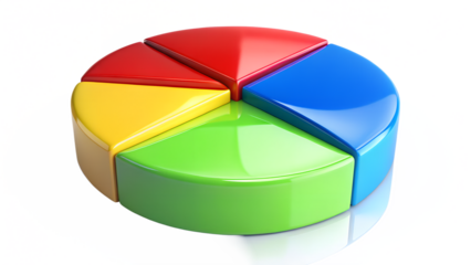 Colorful pie chart with five segments isolated on transparent background, representing data analysis, market share, and business statistics