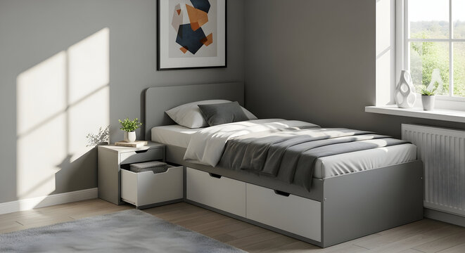 A Modern And Minimalistic Bedroom Arrangement Featuring Stylish Bed And Decor - Powered by Adobe