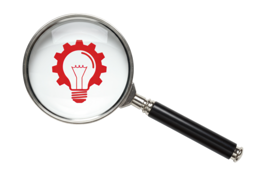 Isolated Red Cogwheel Light Bulb Design Idea Symbol with a Magnifying Glass Over It