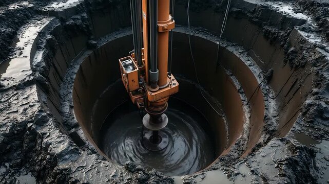 Heavy drilling machine excavating deep circular hole in muddy ground with construction equipment operating for foundation and infrastructure work