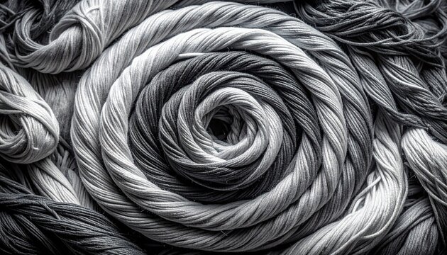 Monochrome flat lay of fabric threads unraveled into surreal concentric textures for commercial design use
