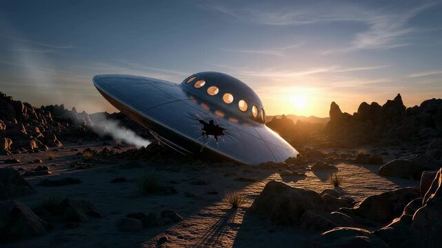 Alien crashed ufo at sunset on a desert planet, with smoke emitting from the damaged saucer. Science fiction scene. Footage.