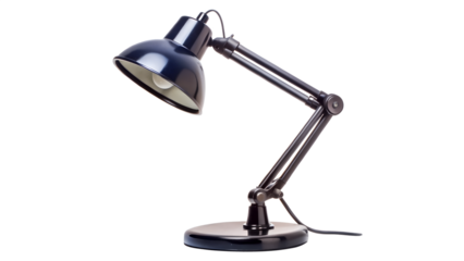 Dark blue desk lamp with adjustable arm isolated on transparent background, offering focused lighting for reading, writing, or task completion