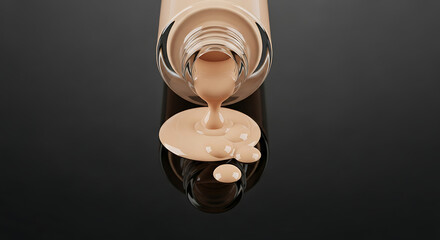 Liquid foundation pouring from a bottle onto a dark reflective surface