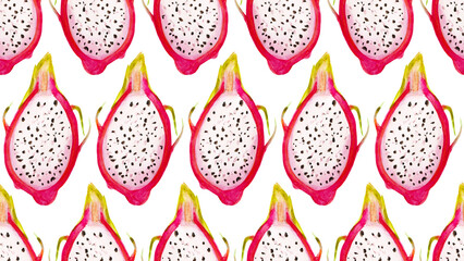 Seamless pattern with dragon fruits, pitaya background. Hand drawn watercolor illustration for tropical wallpaper
