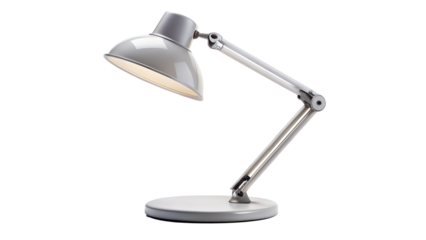 Modern gray adjustable desk lamp isolated on transparent background, providing focused illumination for reading, studying, or working in a contemporary space
