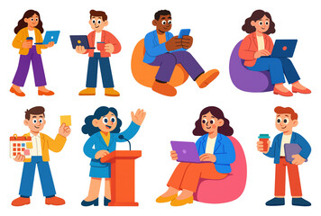 Fototapeta premium PNG Diverse cartoon business team, element set on transparent background