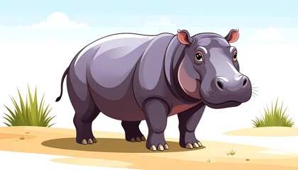 Fototapeta premium Cartoon hippo in a landscape