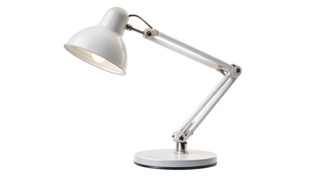 White desk lamp with adjustable arm isolated on transparent background, providing bright and focused lighting for any workspace or home office