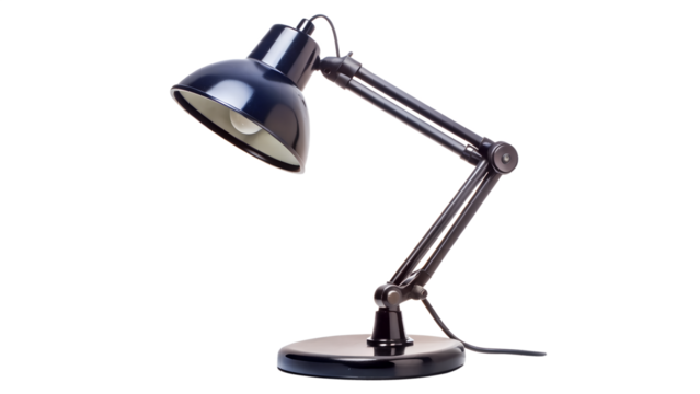 Dark blue desk lamp with adjustable arm isolated on transparent background, offering focused lighting for reading, writing, or task completion