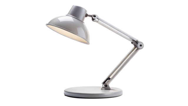 Modern gray adjustable desk lamp isolated on transparent background, providing focused illumination for reading, studying, or working in a contemporary space