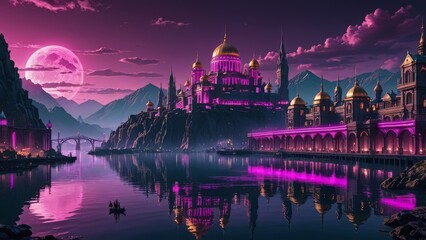 paisaje de ciudad de fantasia con cupulas, monta&ntilde;as y lago, neon purpura