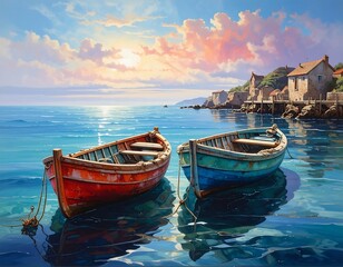 Obraz premium Two colorful fishing boats rest peacefully in a tranquil harbor at sunrise, reflecting the vibrant hues of the sky in the glassy water.