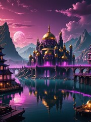 paisaje de ciudad de fantasia con cupulas, monta&ntilde;as y lago, luna llena