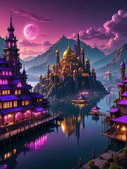 paisaje de ciudad de fantasia con cupulas, monta&ntilde;as y lago, neones