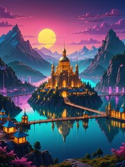 paisaje de ciudad de fantasia con cupulas, monta&ntilde;as y lago, purpura