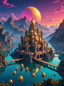 paisaje de ciudad de fantasia con cupulas, monta&ntilde;as y lago, neon cielo