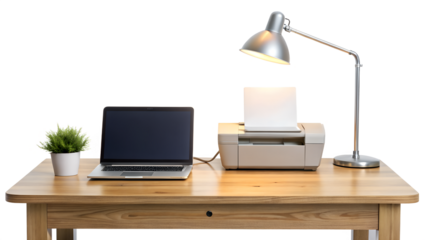 Bright workspace isolated on transparent background featuring a wooden desk, laptop, printer, desk lamp, and a small potted plant, creating a clean and efficient work environment