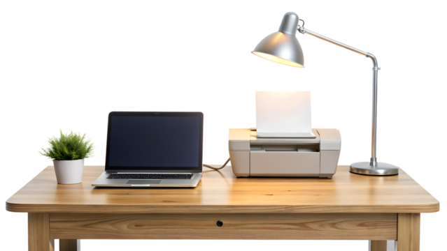 Bright workspace isolated on transparent background featuring a wooden desk, laptop, printer, desk lamp, and a small potted plant, creating a clean and efficient work environment