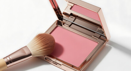Rose gold blush compact with brush on white background