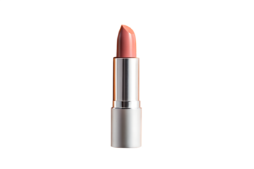 Elegant peach pink lipstick in a modern silver tube. An open cosmetic product with a creamy satin finish, isolated on a pure white background for glamour concepts