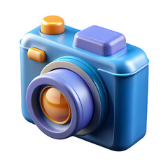 3D Render: Blue and Purple Cartoon Camera Icon;  Photography App, Website, or Game Asset;  Stylized Digital Camera Graphic