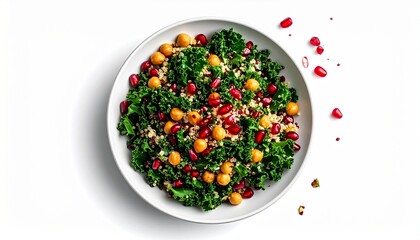 Top view of a fresh kale salad with pomegranate seeds, chickpeas, and quinoa in a white bowl on a white background.