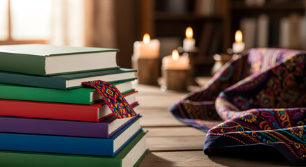 A stack of colorful books with a bookmark, candles, and patterned scarf on display