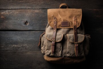 Rustic backpack on wooden planks (1)
