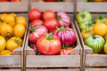 Colorful heirloom tomatoes filling wooden crates at farmers market