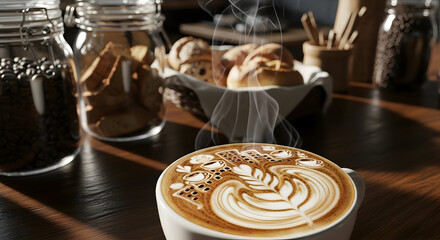 A steaming cup of coffee with latte art and baked goods on a wooden table setting