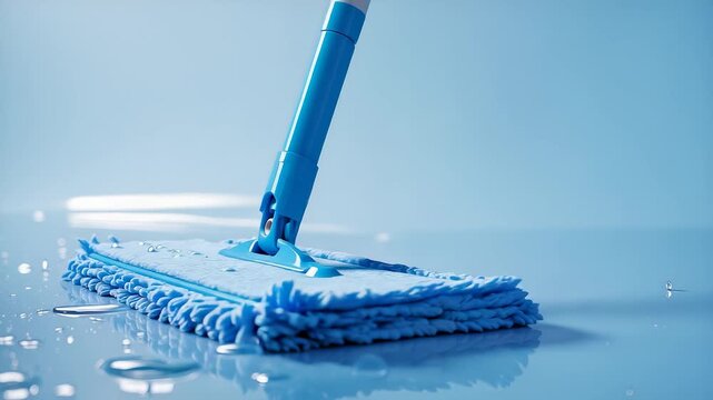 Blue cleaning mop with microfiber head wiping wet floor surface with water droplets in bright light creating fresh hygienic household cleaning scene
