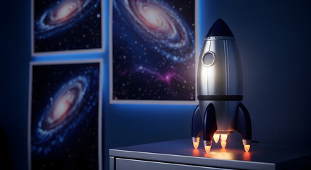 A Stunning 3D Render of a Rocket with Galaxy Art in the Background