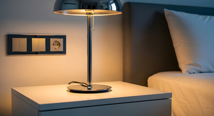 A stylish bedside lamp illuminating a bedroom's interior with a modern touch