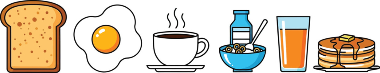 A collection of classic breakfast items including toast, a fried egg, coffee, cereal, orange juice, and pancakes.