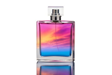 Rectangular perfume bottle with sunset sky design isolated on white background
