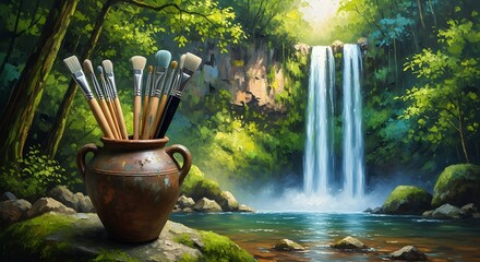 Artist Brushes by Waterfall.
