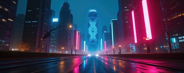 Futuristic city street glowing with neon lights at night. Tall skyscrapers, modern architecture, vibrant cityscapes dominate urban landscape. Wet asphalt reflects colorful illumination, creating