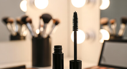 Black mascara wand and tube against blurred background of makeup brushes and vanity lights